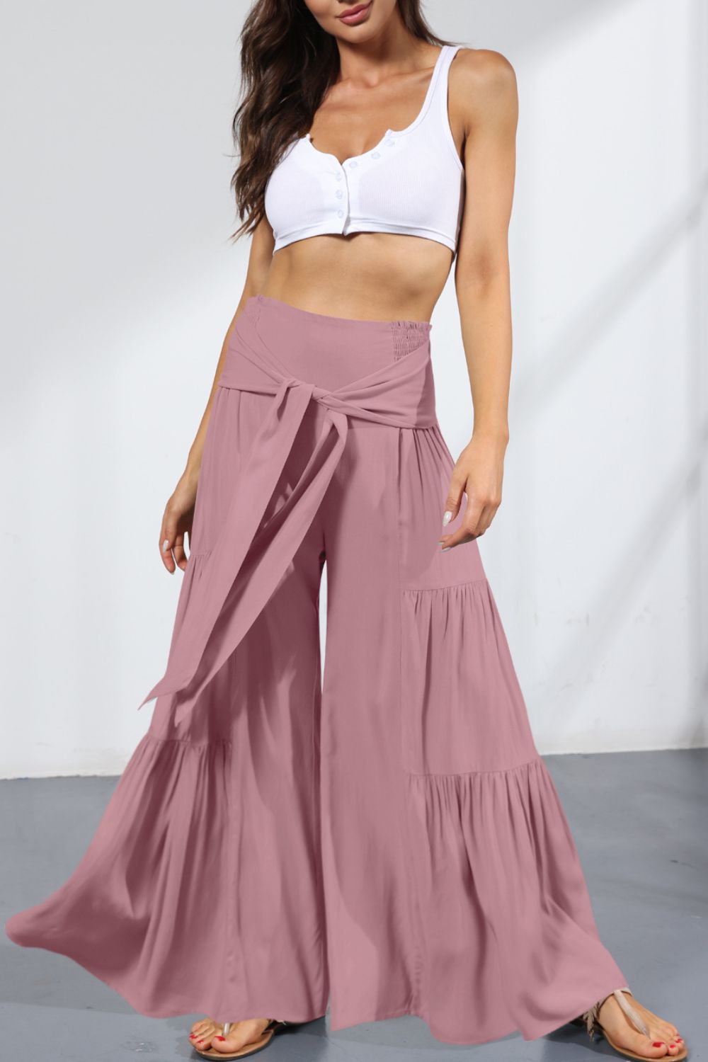 Tie Front Smocked Tiered Culottes